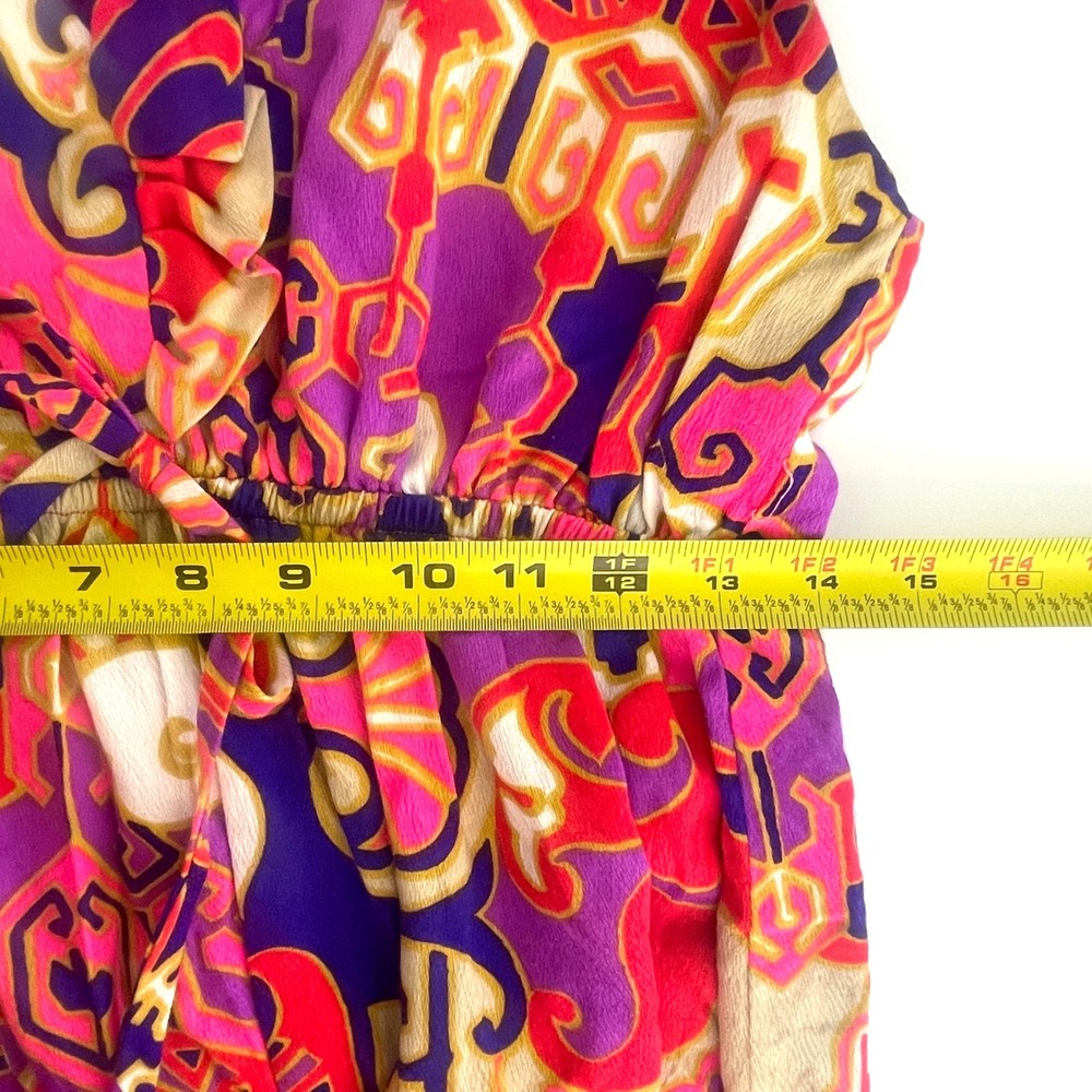 Vintage 60s mini dress Psychedelic Abstract Ruffle Neck Empire Waist Purple Pink - Picture 11 of 13